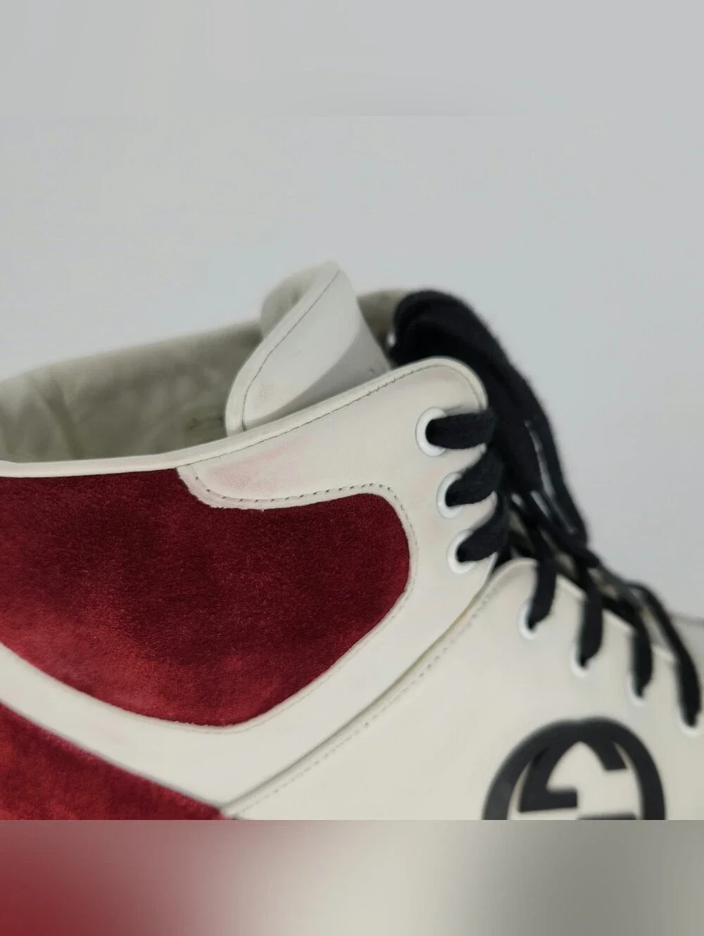 Gucci Men's Hi-Top White Leather & Burgundy Suede Sneakers Size US 9 / UK 8